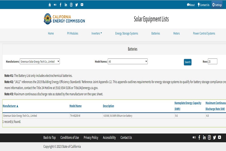 Greensun Lithium Ion Battery on California CEC List